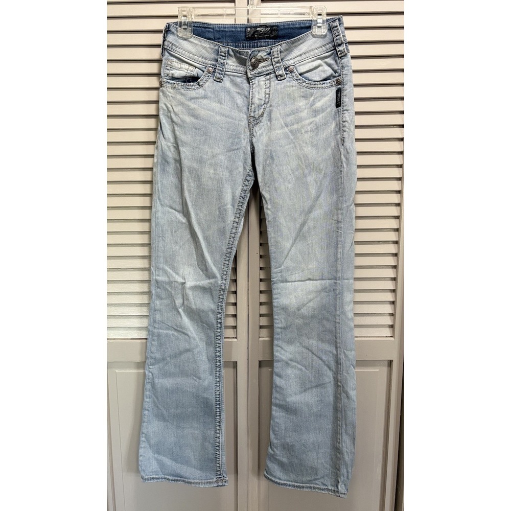 Silver Jeans Suki Surplus Low Rise Boot Light Wash Stitching Sz 26x32 Embroidery